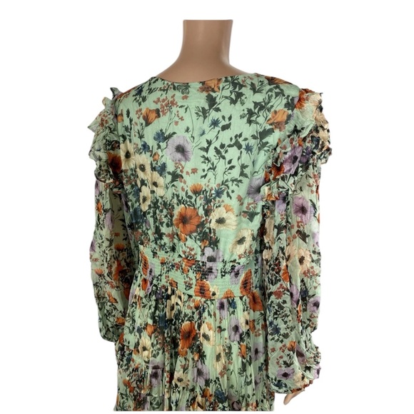 BHLDN Anthropologie Floral Chiffon Plunge Long-Sleeve Ruffle Maxi Dress Large - Picture 12 of 15